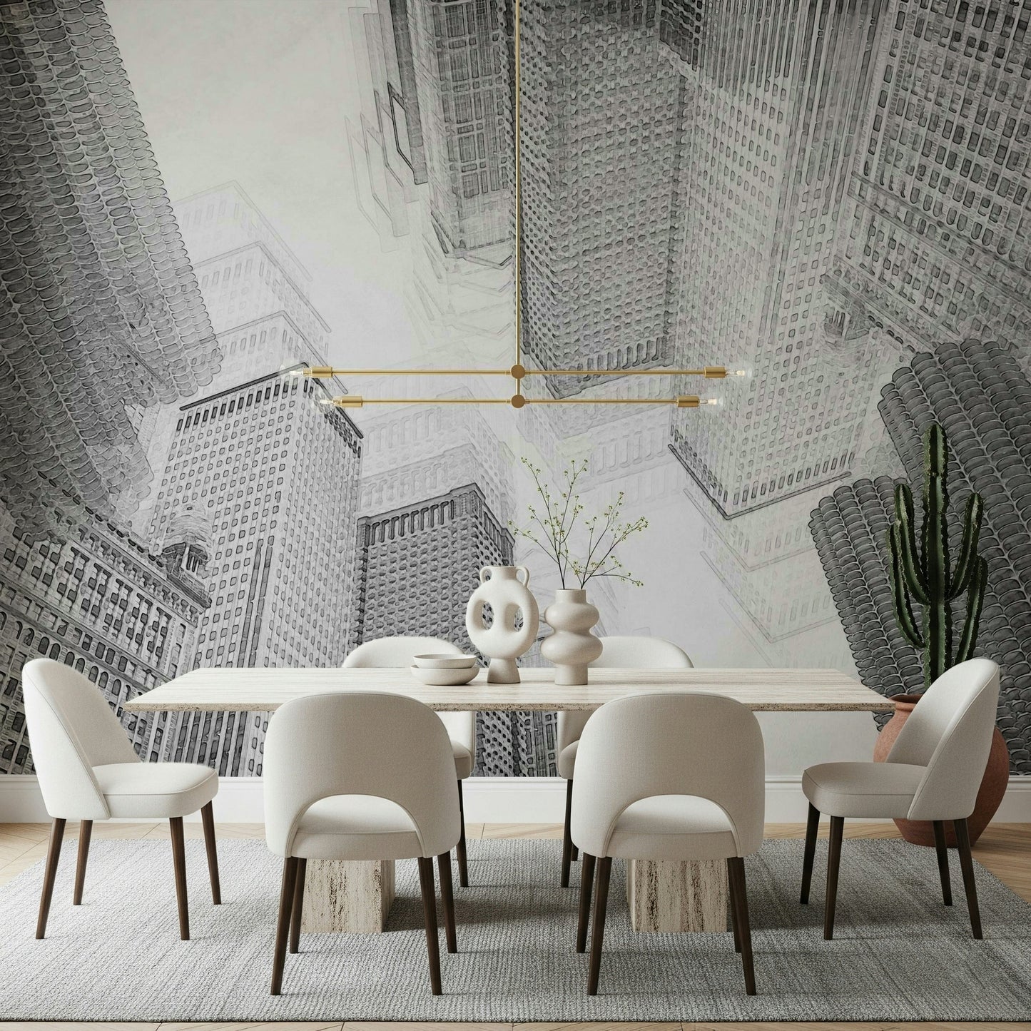 A peaceful modern abstract mural on decorative wallpaper.