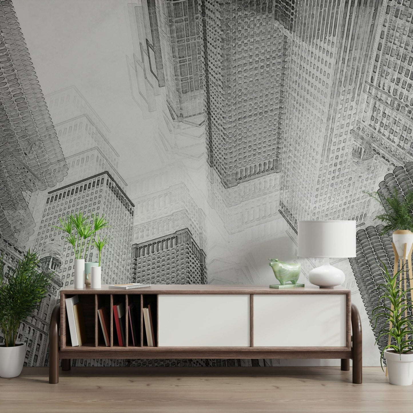 An artistic minimalist form mural for home decor.
