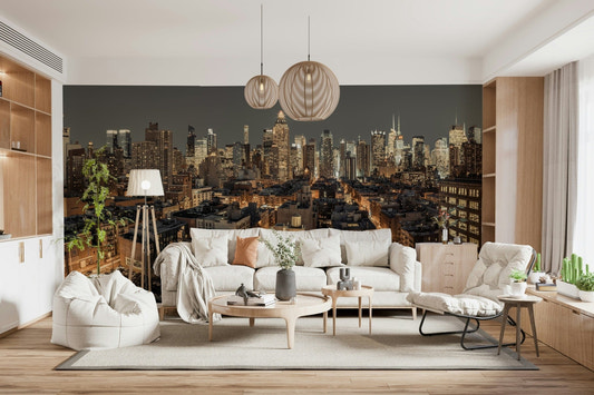 Cityscape Twilight Wall Mural in a modern living room with blue decor wallpaper.