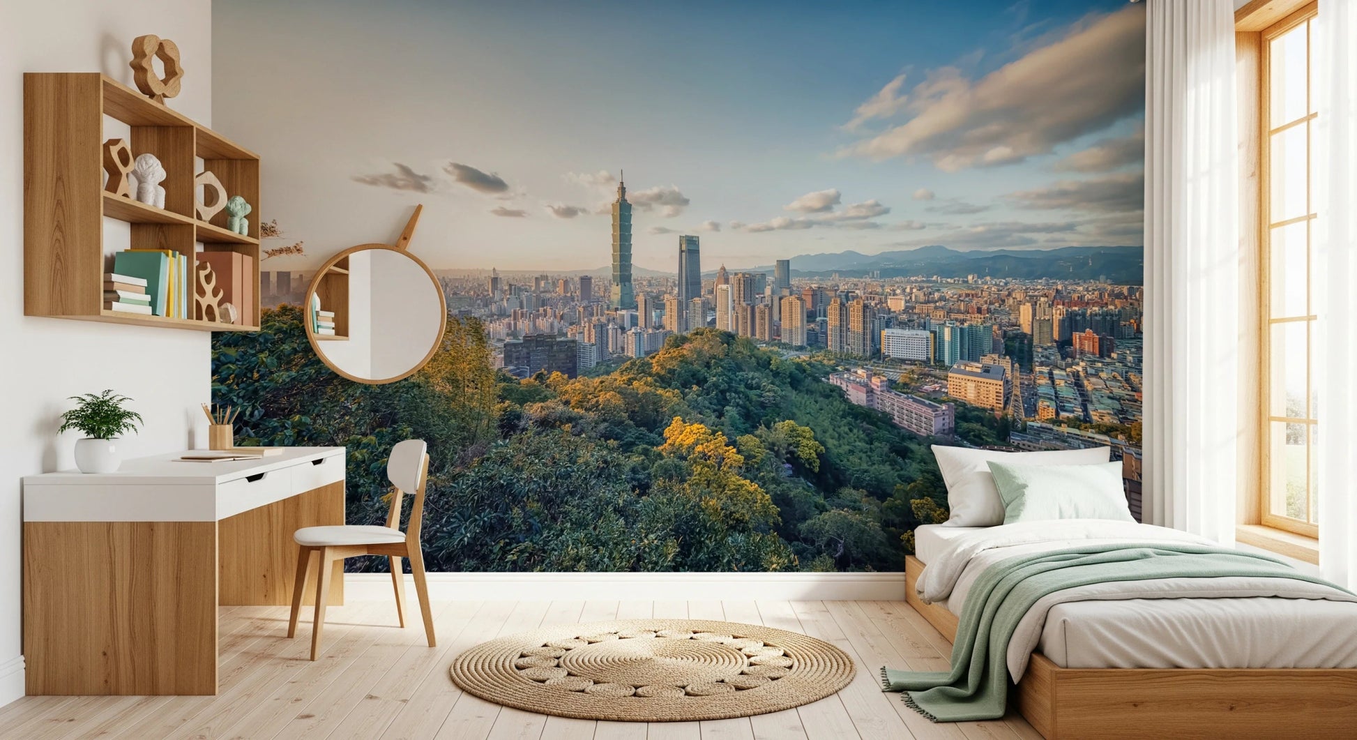 Cityscape Vista peel and stick wall mural in living room