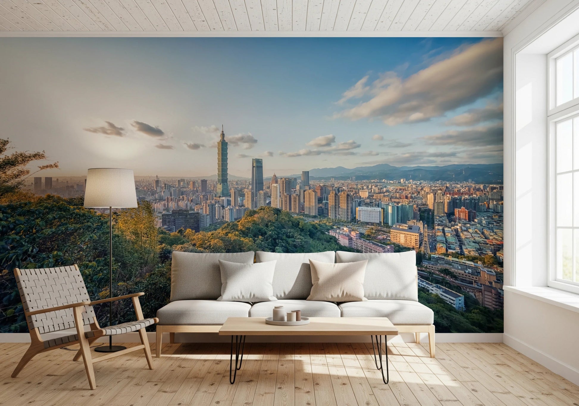 Urban skyline wallpaper for home office interior
