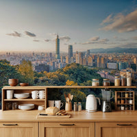 Neutral cityscape peel and stick mural for feature wall