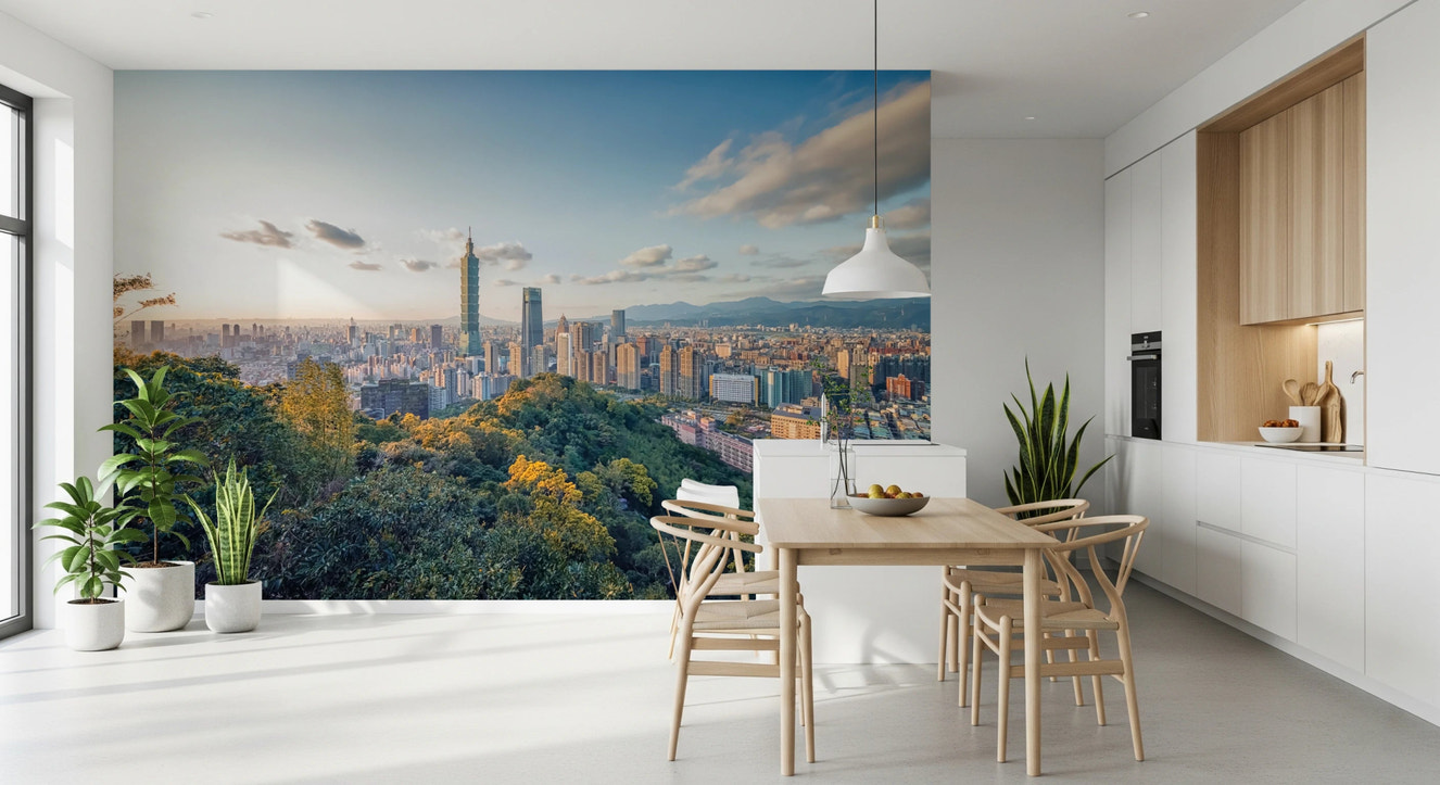 Modern city skyline mural for contemporary bedroom wall