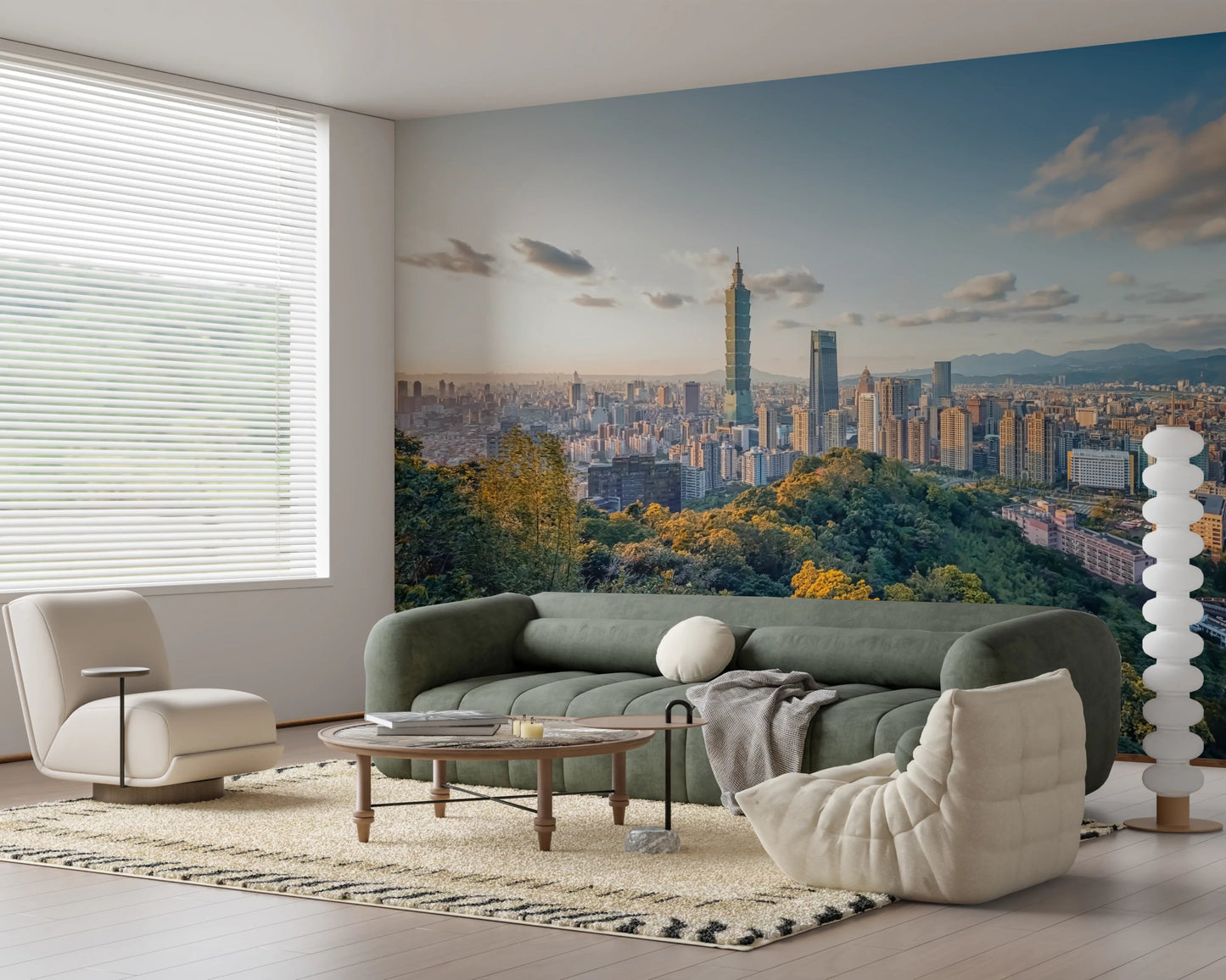 Soft tone city skyline mural for bedroom décor