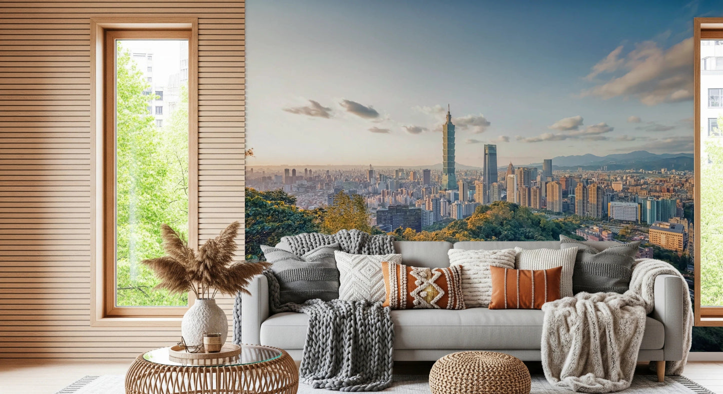Cityscape Vista wall mural in minimalist living area