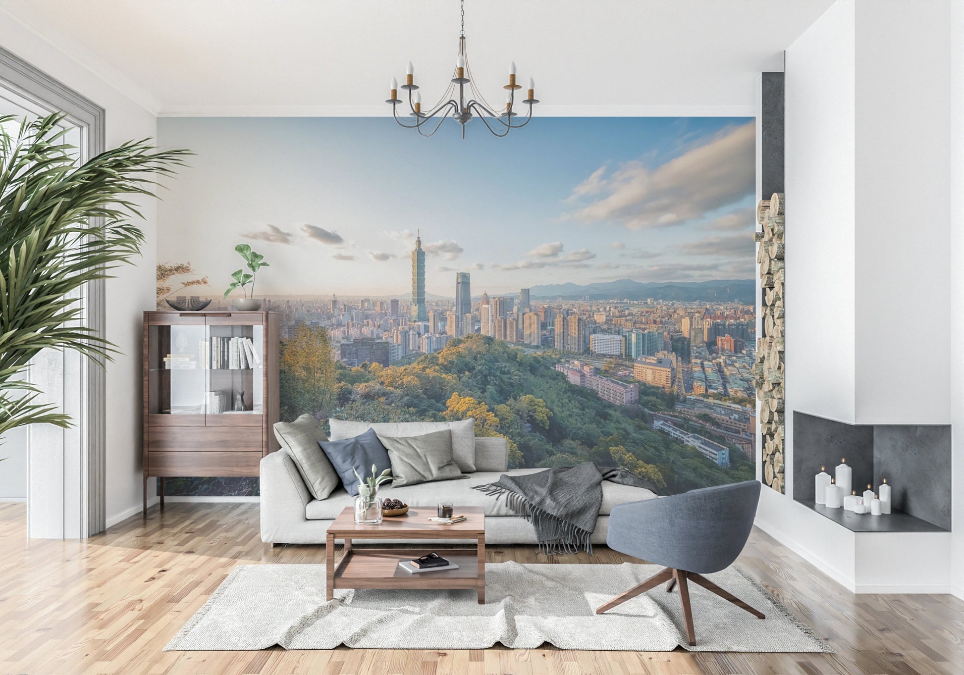 Peel and stick city skyline mural for office space