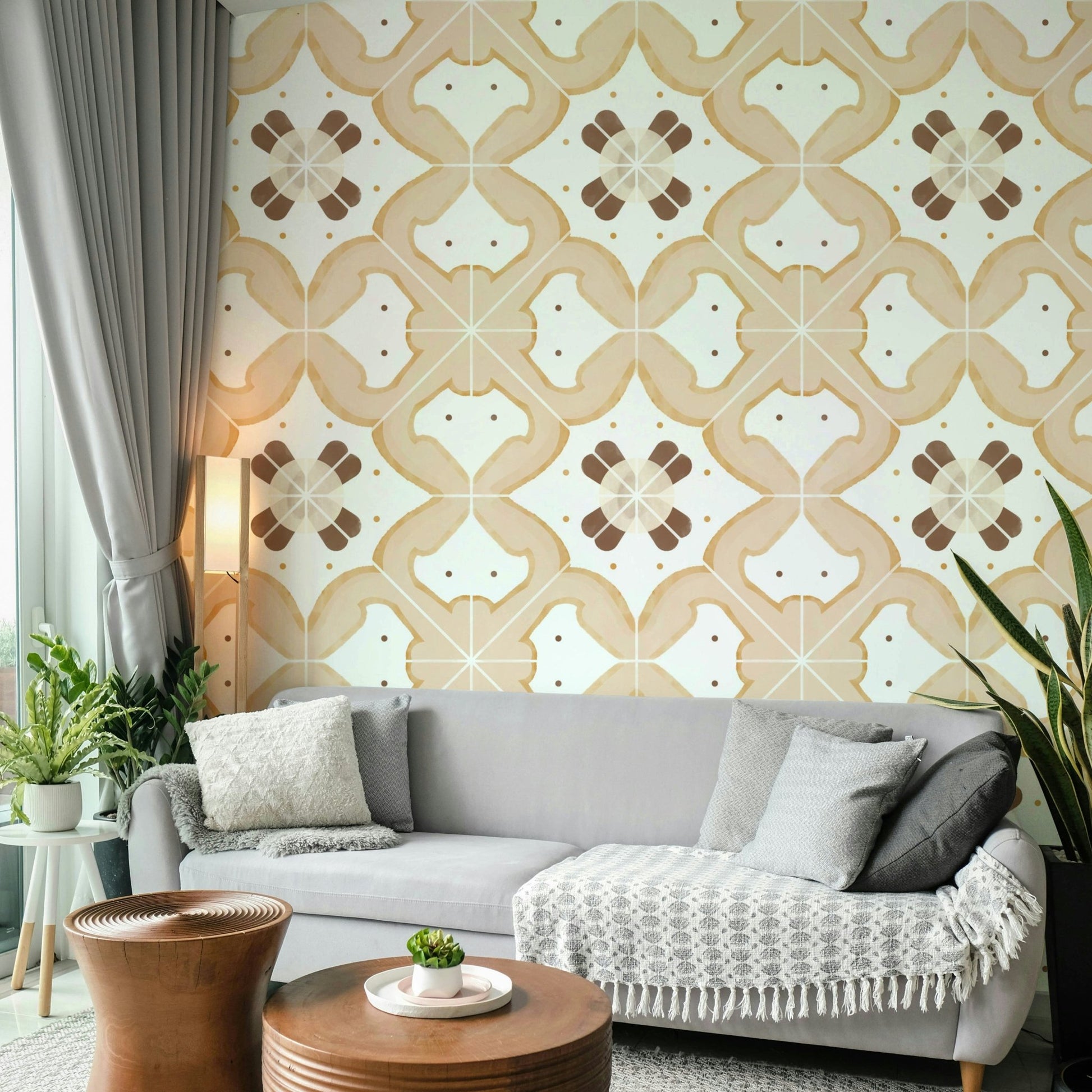 Tile-style wallpaper in an apricot color palette


