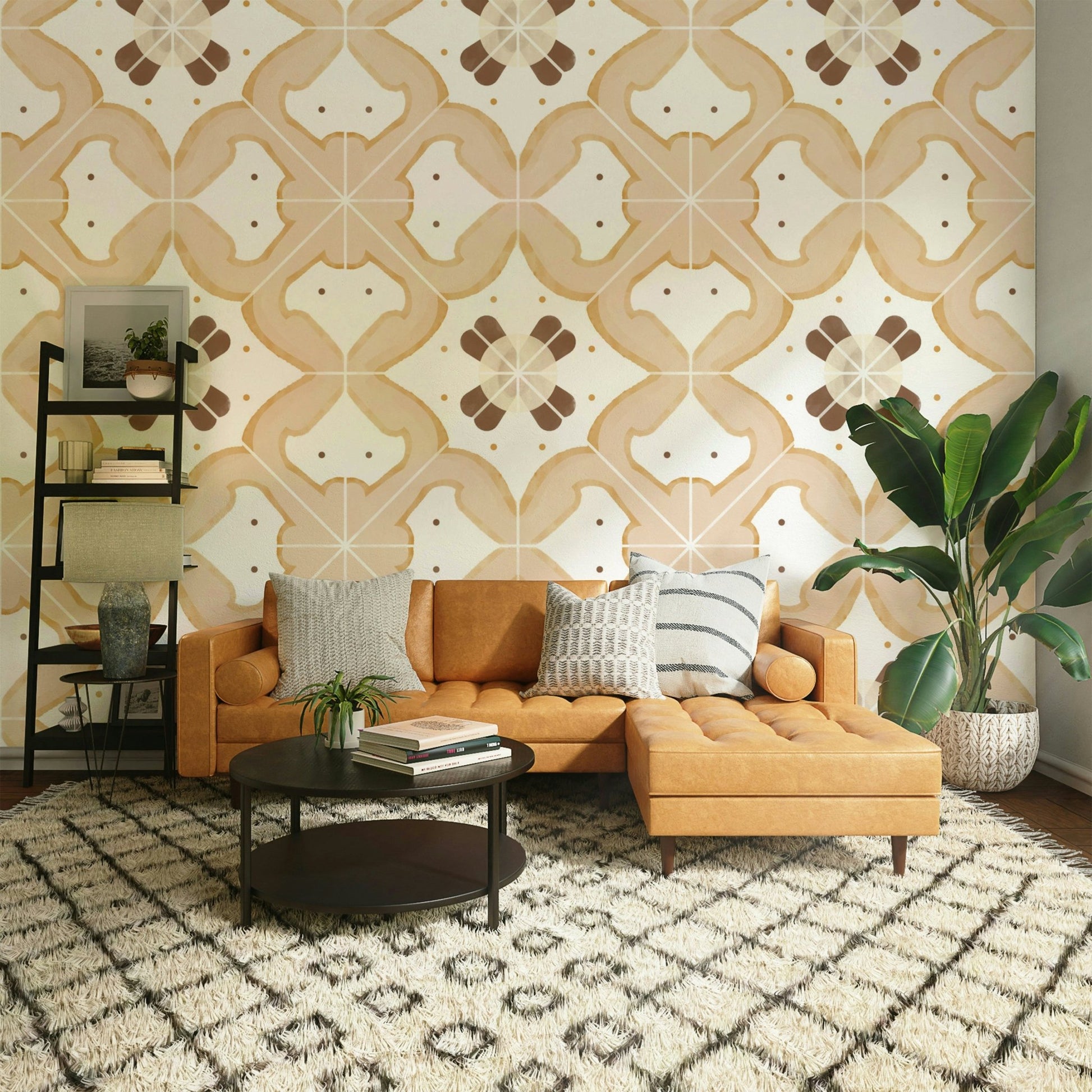 Textured wallpaper with an apricot tile design

