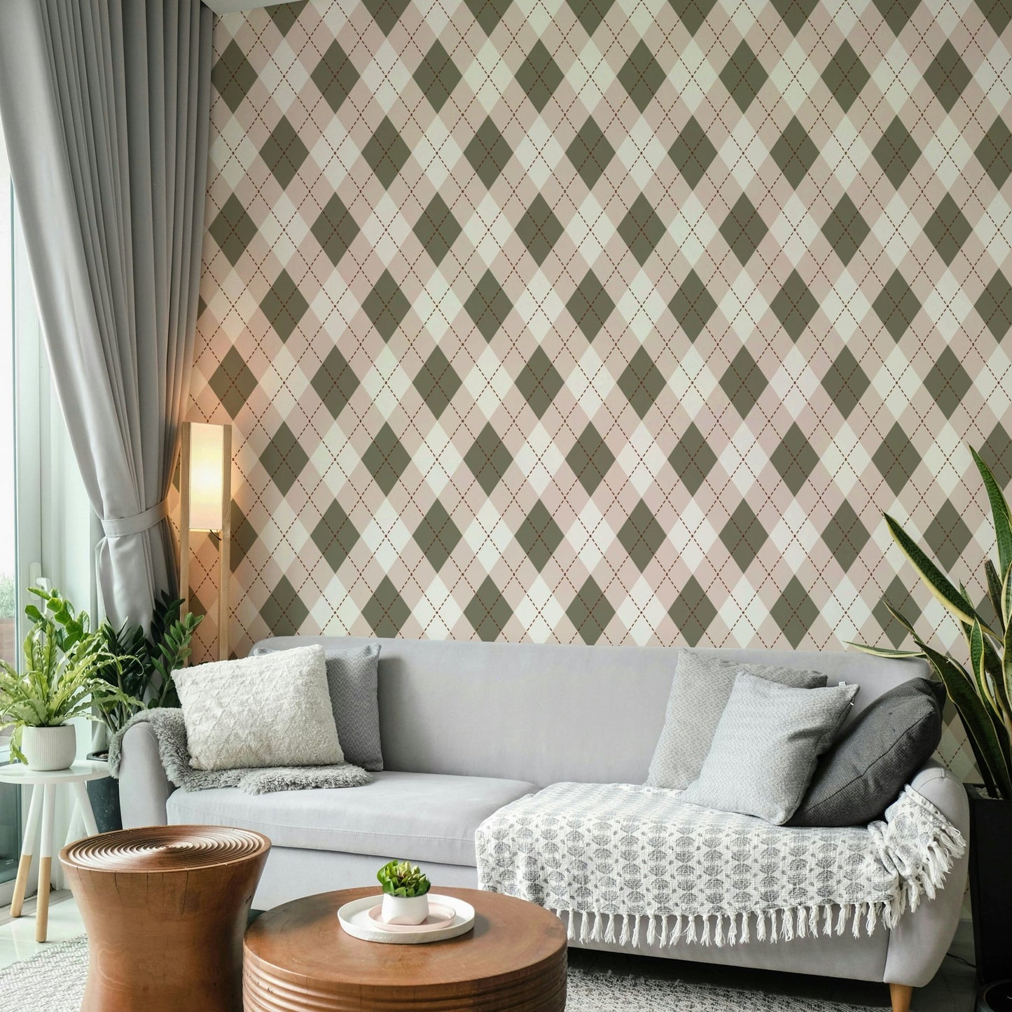 The Classic Argyle Pattern Wallpaper in sage and baby pink.
