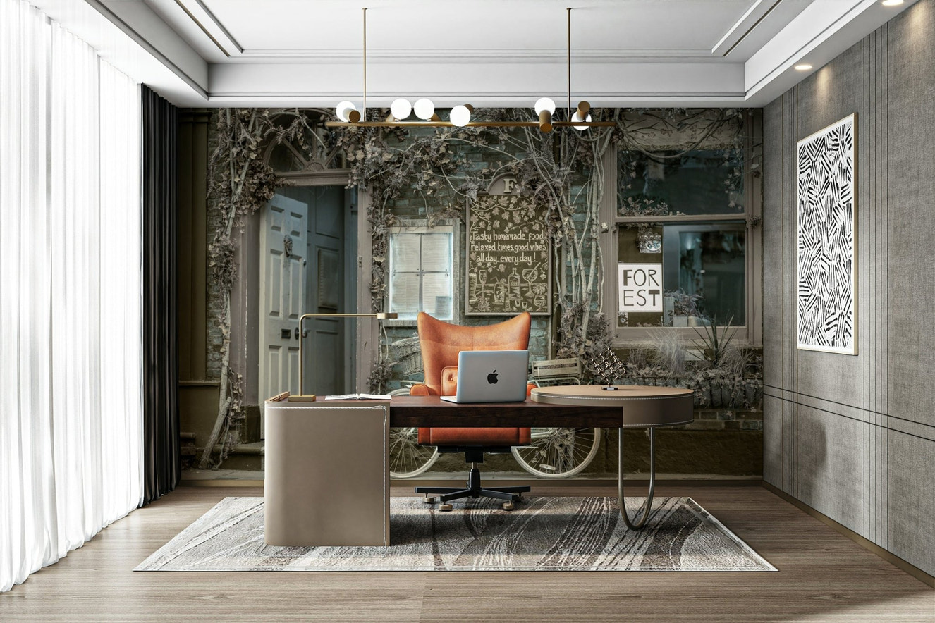 Vintage bike mural with café backdrop

