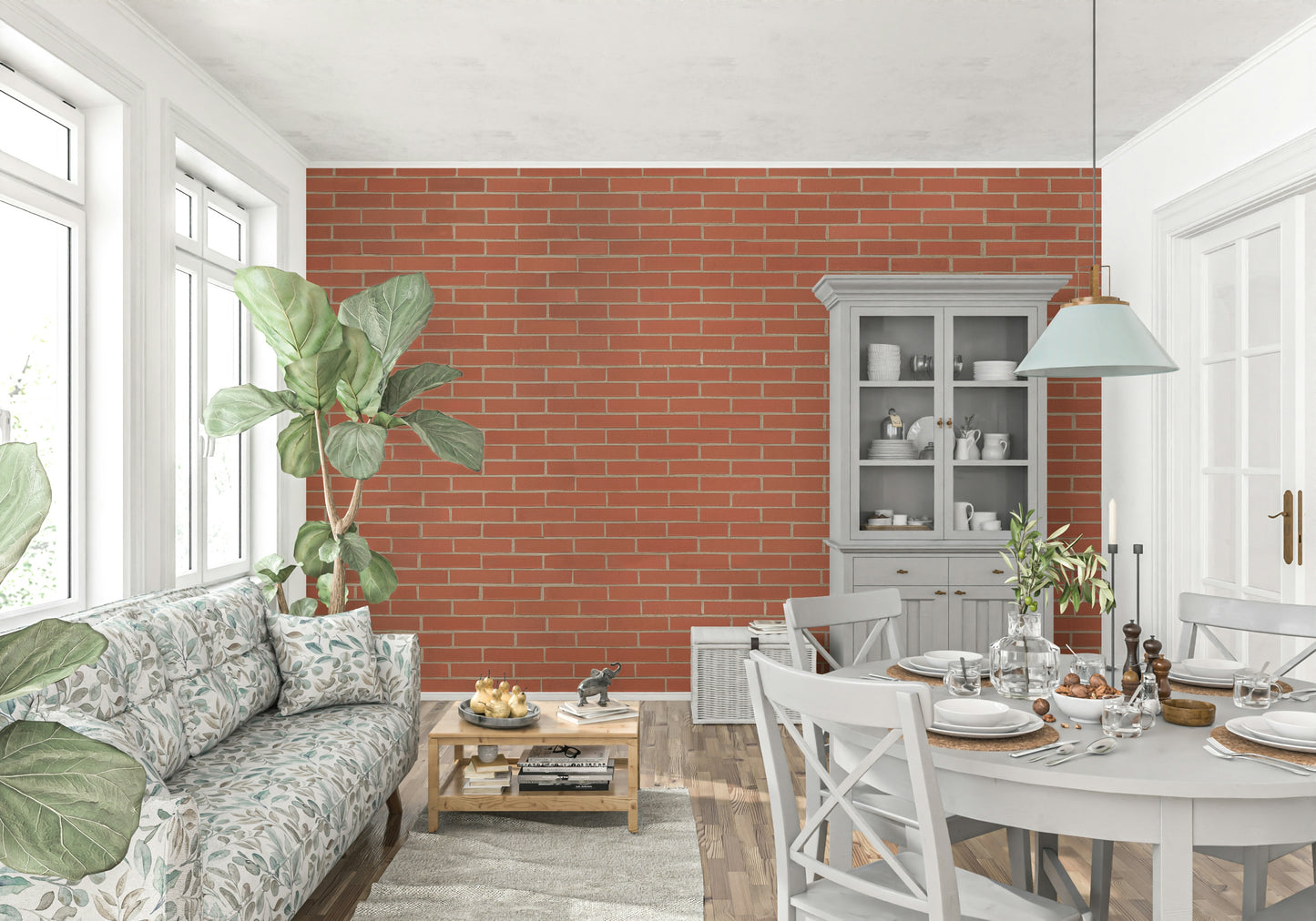 An artistic rustic brick mural on minimalist wallpaper.

