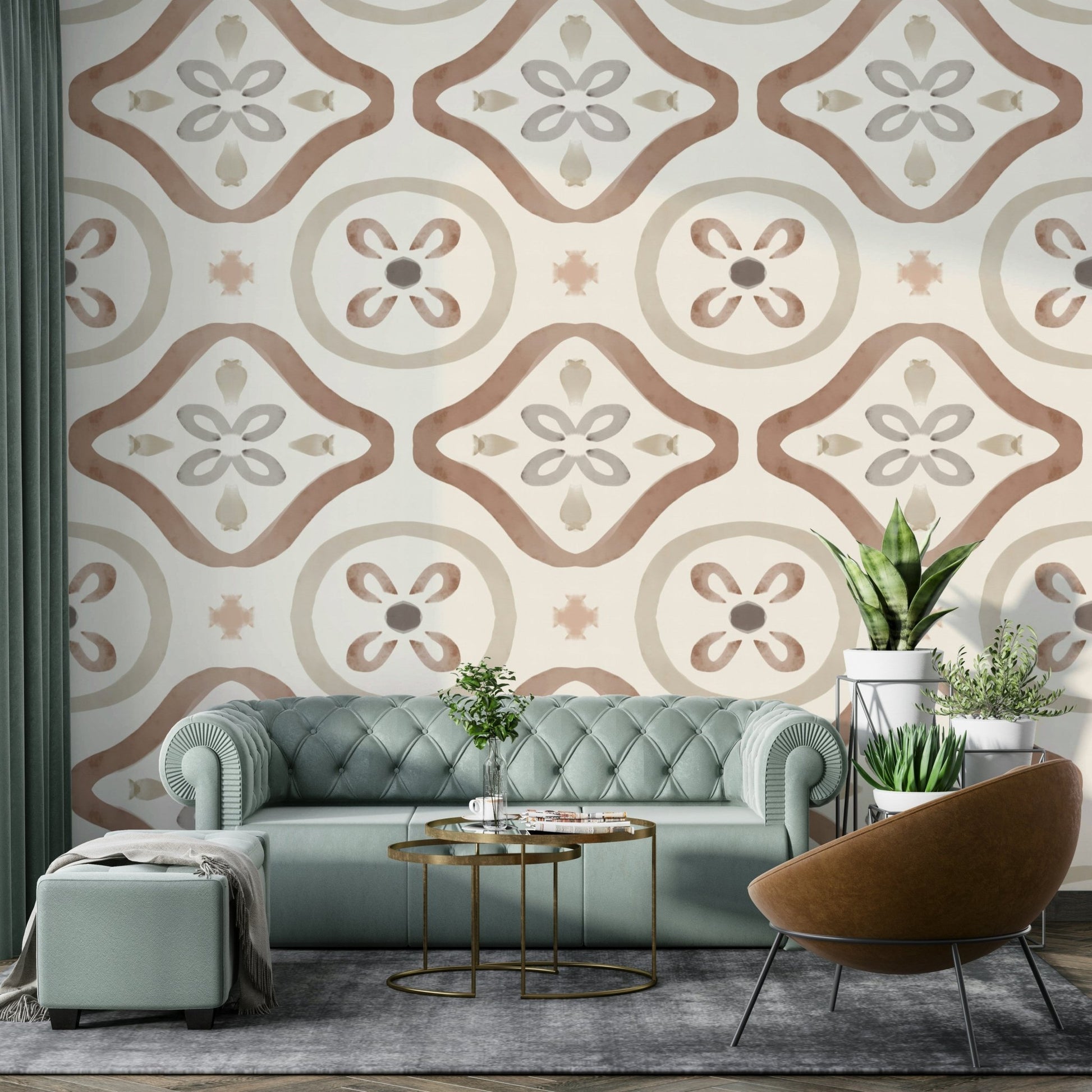 A full-wall mural showing a classic Italian-inspired pattern.
