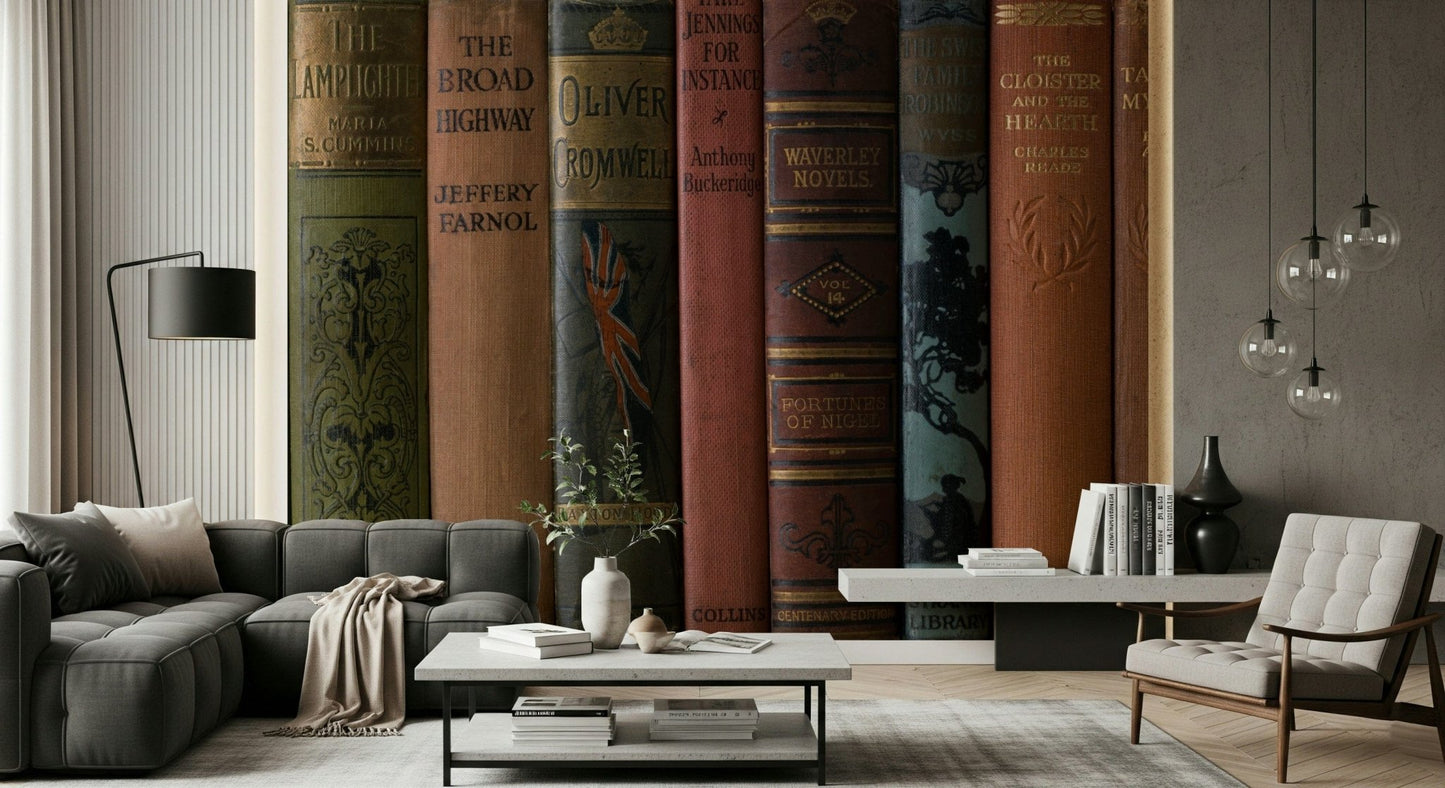 Textured bookshelf image, Classic Literature Shelf unique wall accent.