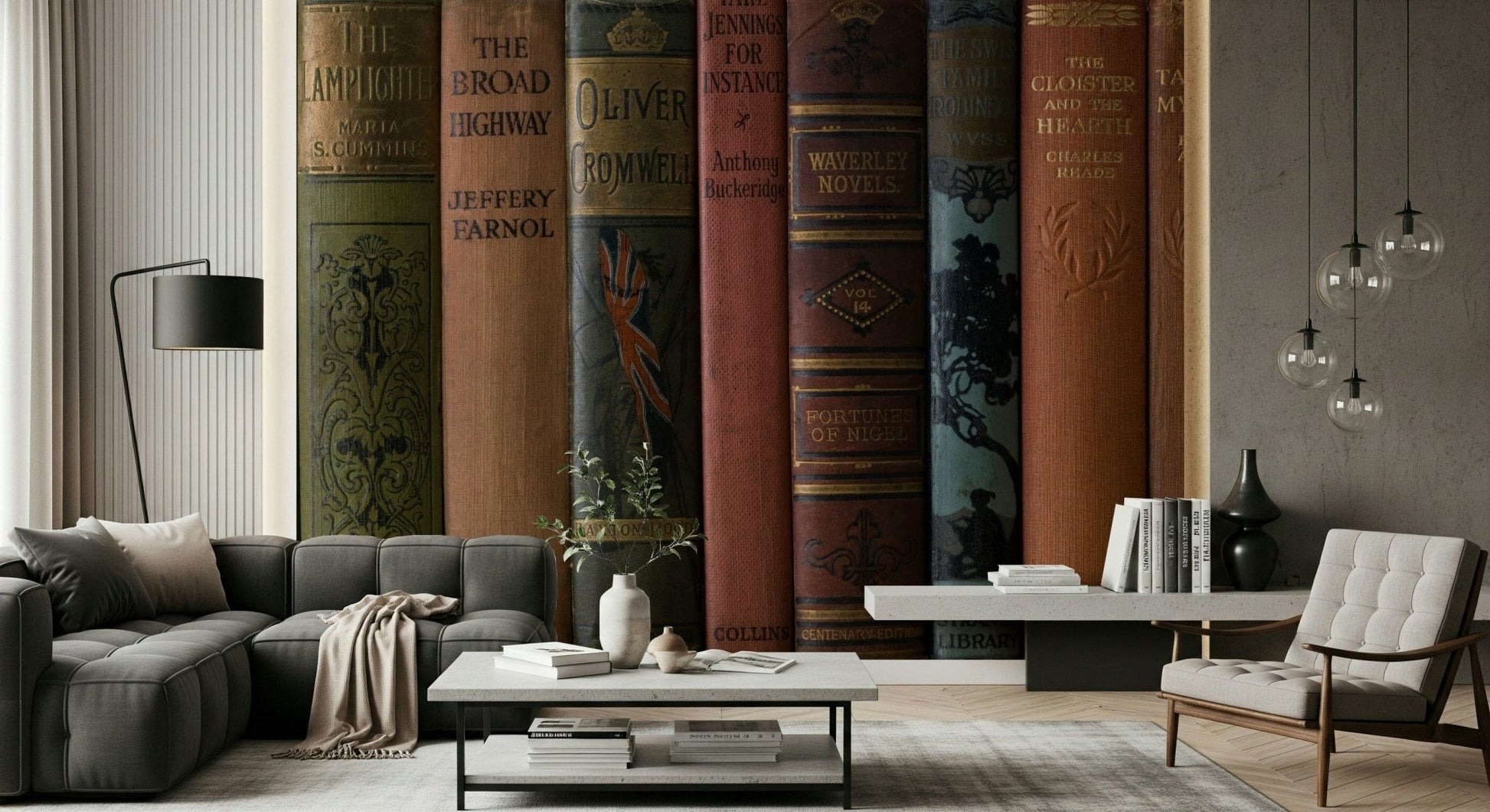 Textured bookshelf image, Classic Literature Shelf unique wall accent.