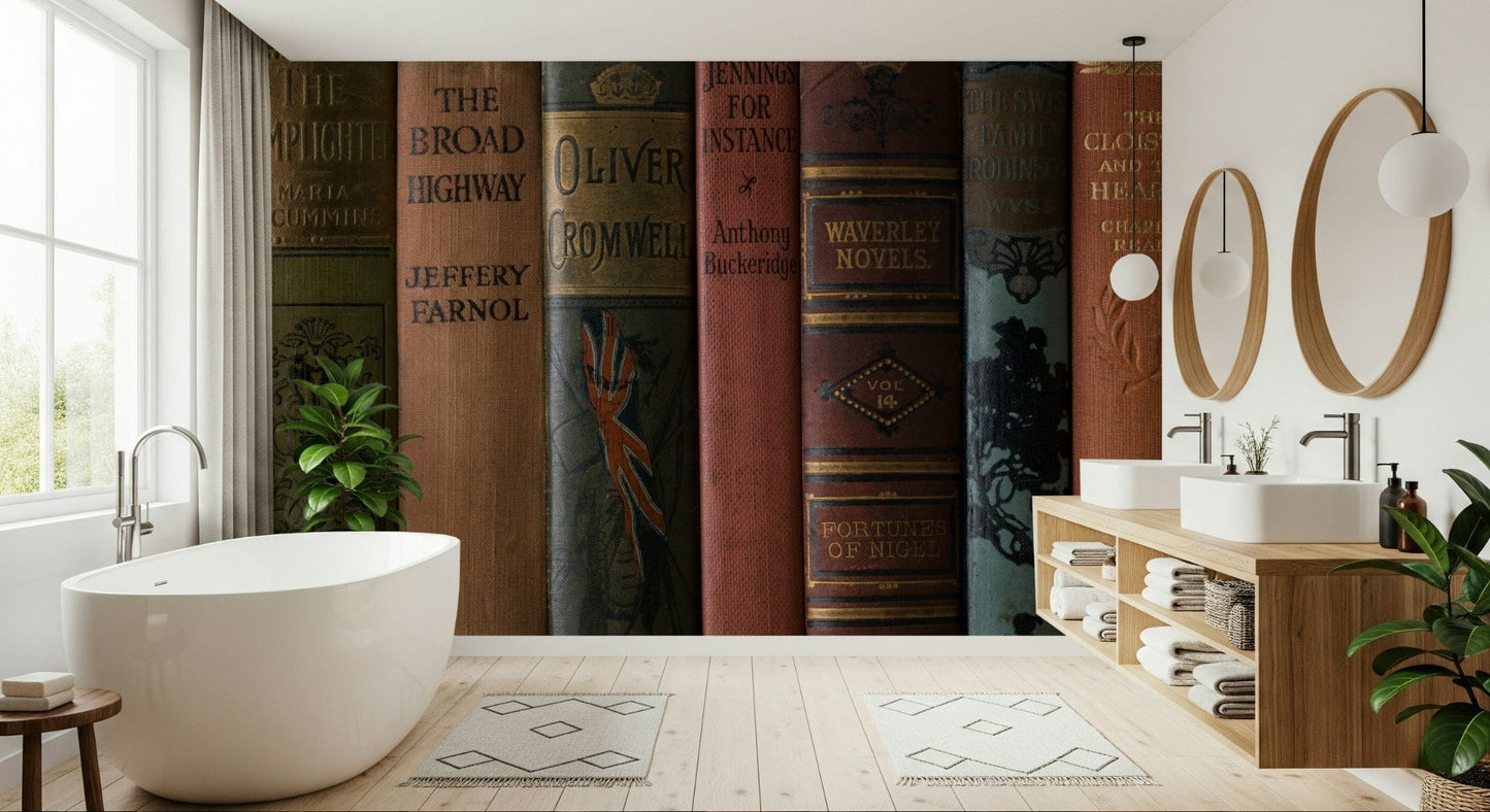 Antique books collection, Classic Literature Shelf peel and stick wallpaper.
