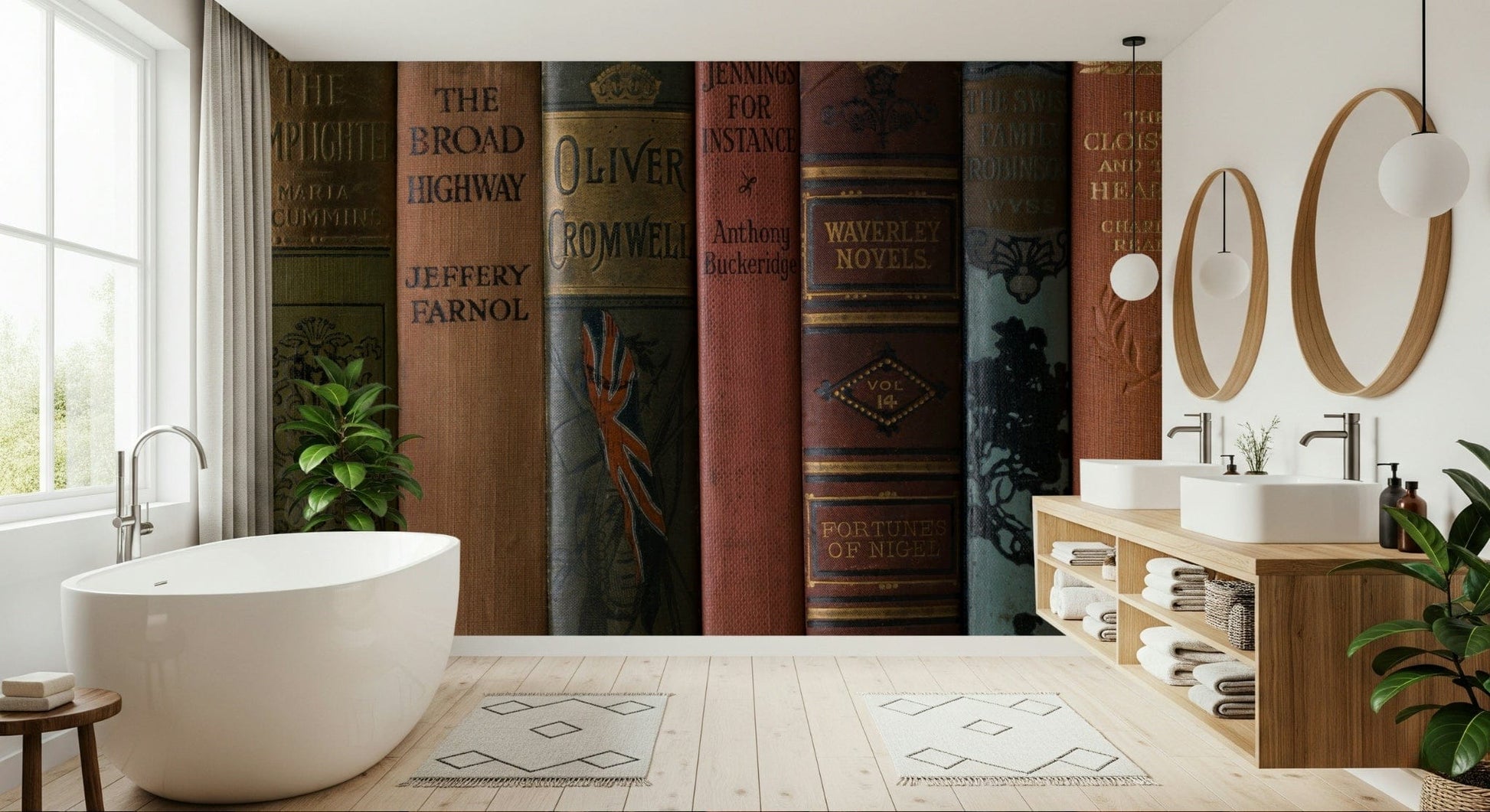 Antique books collection, Classic Literature Shelf peel and stick wallpaper.