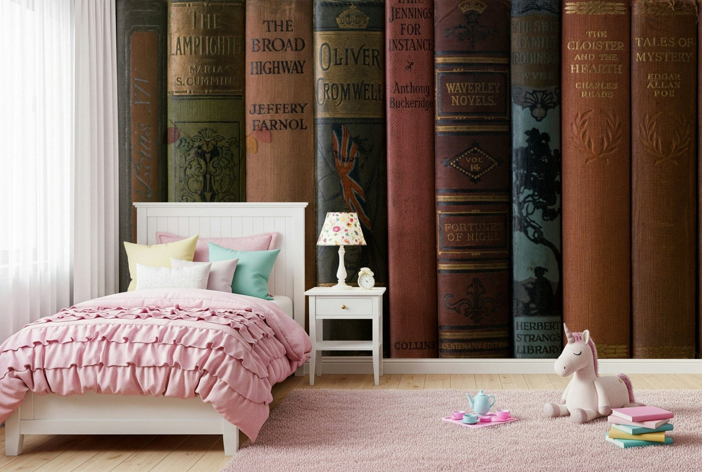 Row of old volumes, Classic Literature Shelf, scholarly room design.