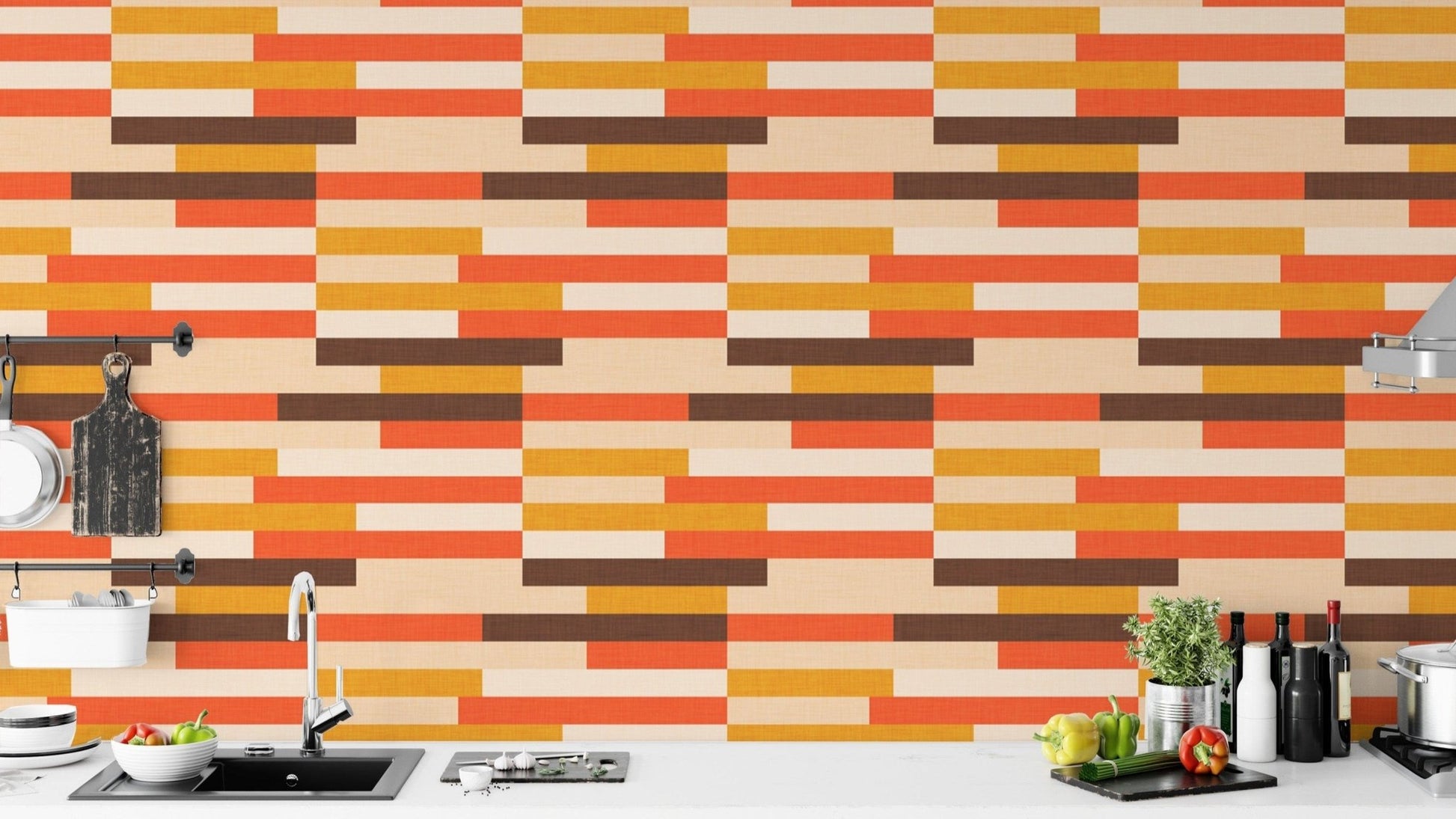 Retro Kilim Stripe Wallpaper in vibrant tones, SUSCT64