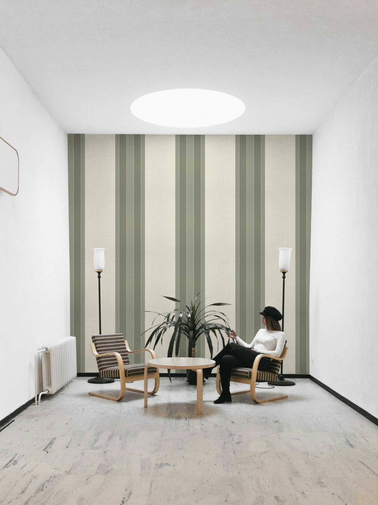 Soft sage flower and stripe mural

