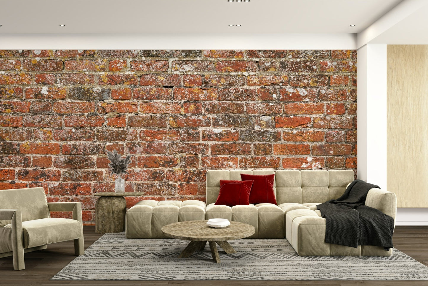 An artistic faux brick mural on textured wallpaper., GD5135