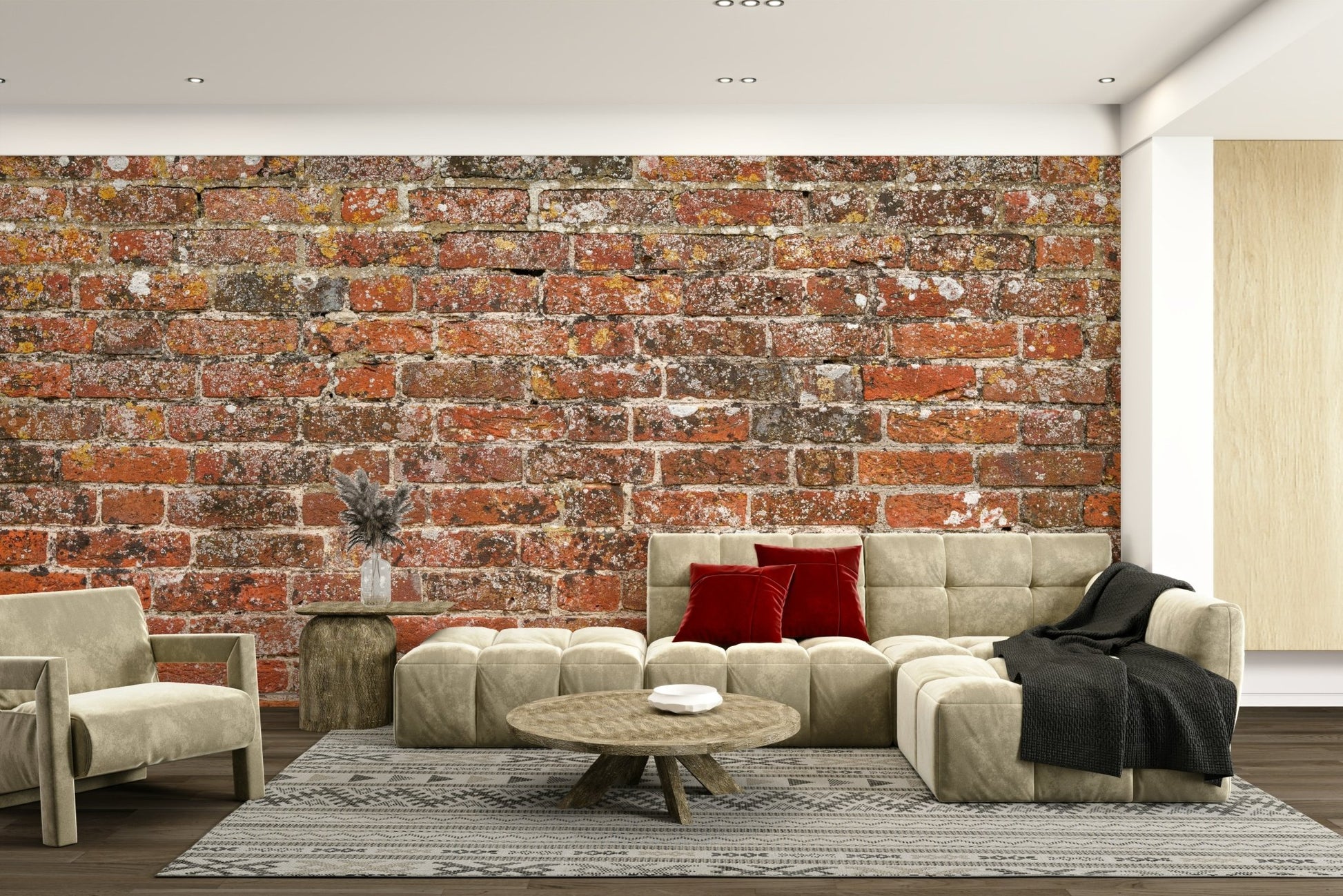 An artistic faux brick mural on textured wallpaper., GD5135