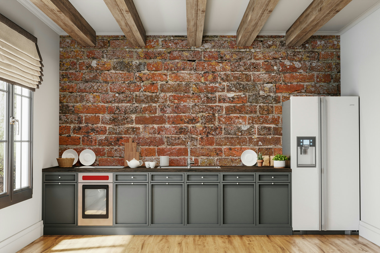 A beautiful realistic red brick wallpaper mural for a modern home.

