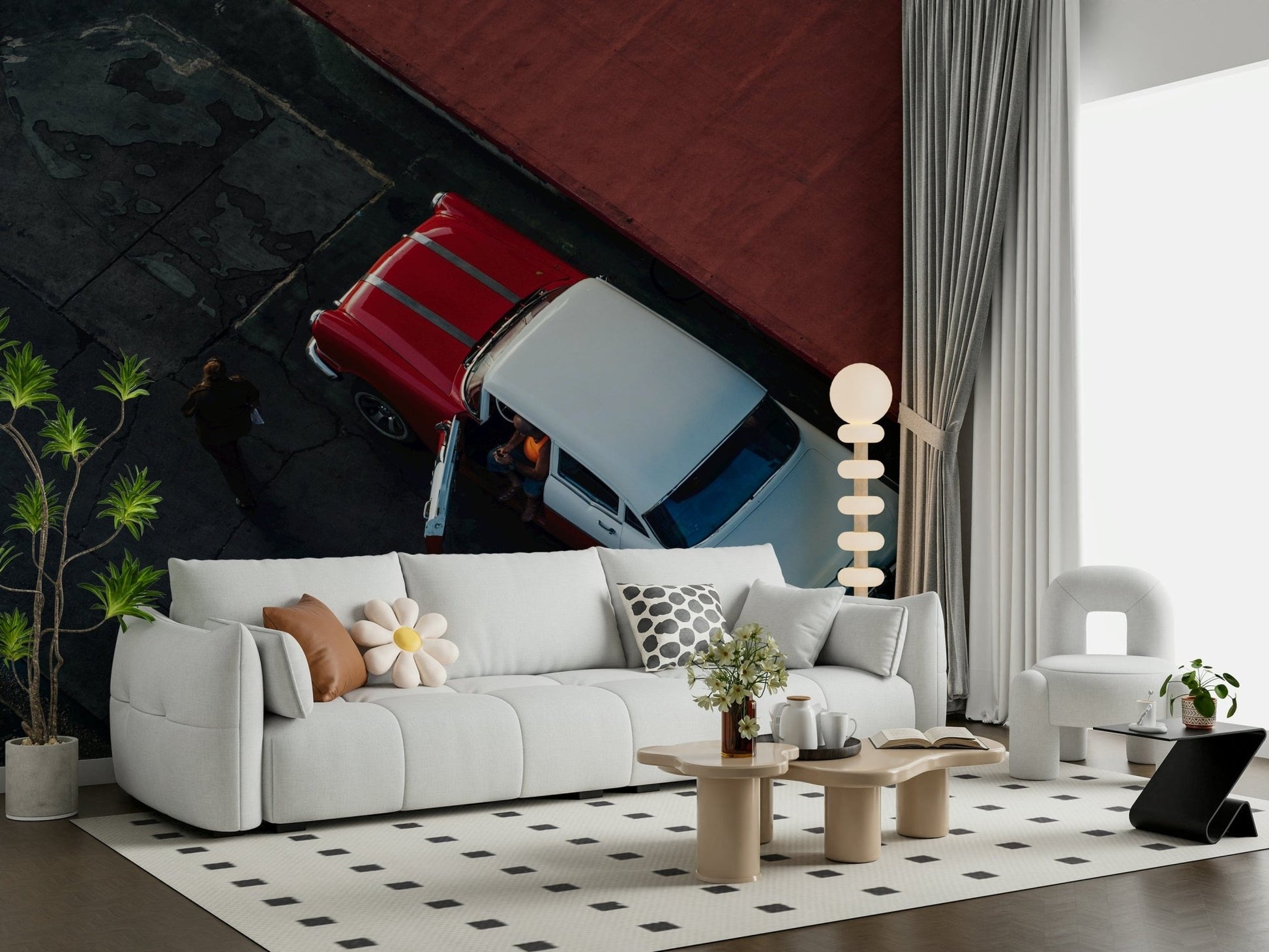 A peaceful modern abstract mural on decorative wallpaper.