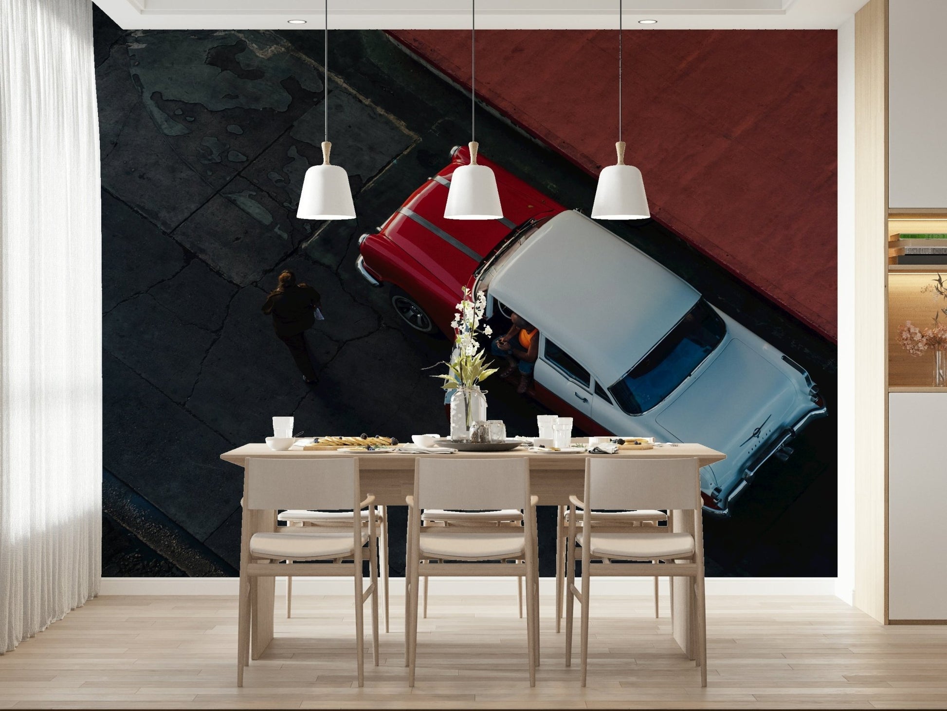 A beautiful vintage car wallpaper mural in a modern, artistic style.