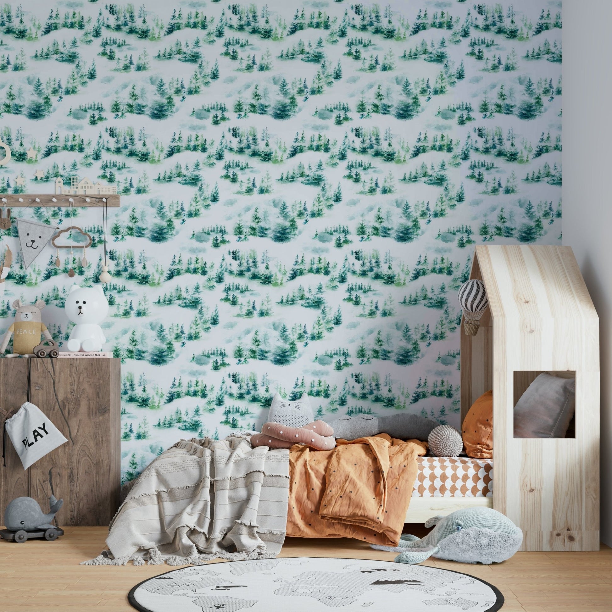 Hand-painted pine tree wallpaper

