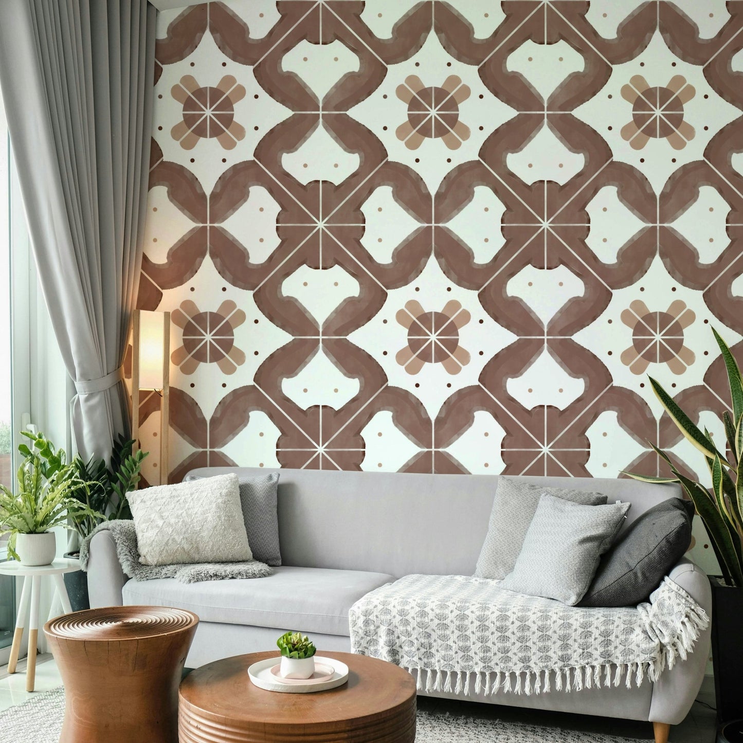 This wallpaper is suitable for a kitchen, a dining room, or a patio.
