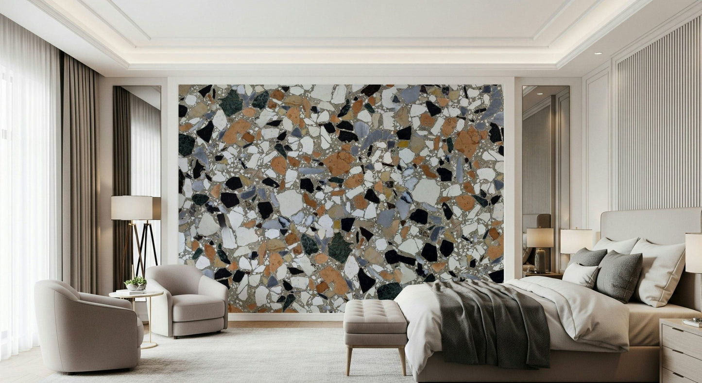 Intricate Classic Terrazzo white base wall mural for hallway space