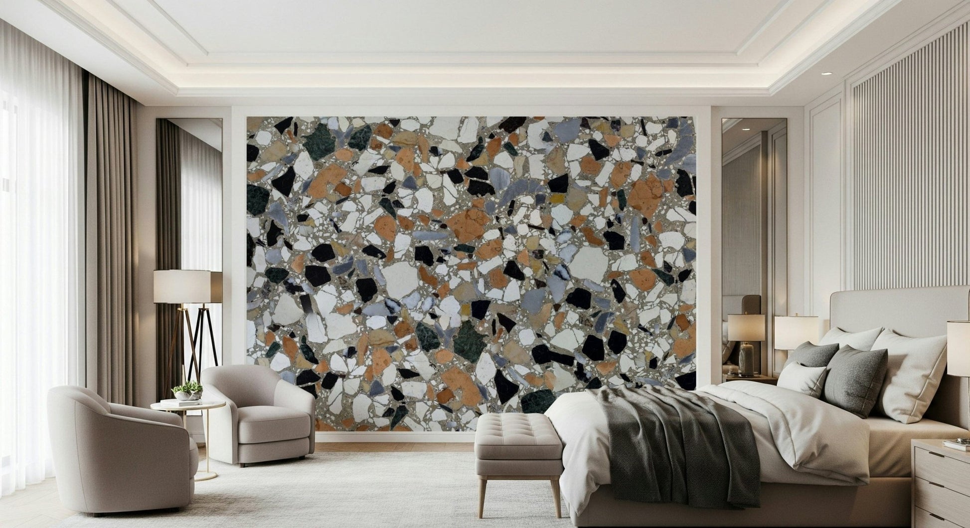 Intricate Classic Terrazzo white base wall mural for hallway space
