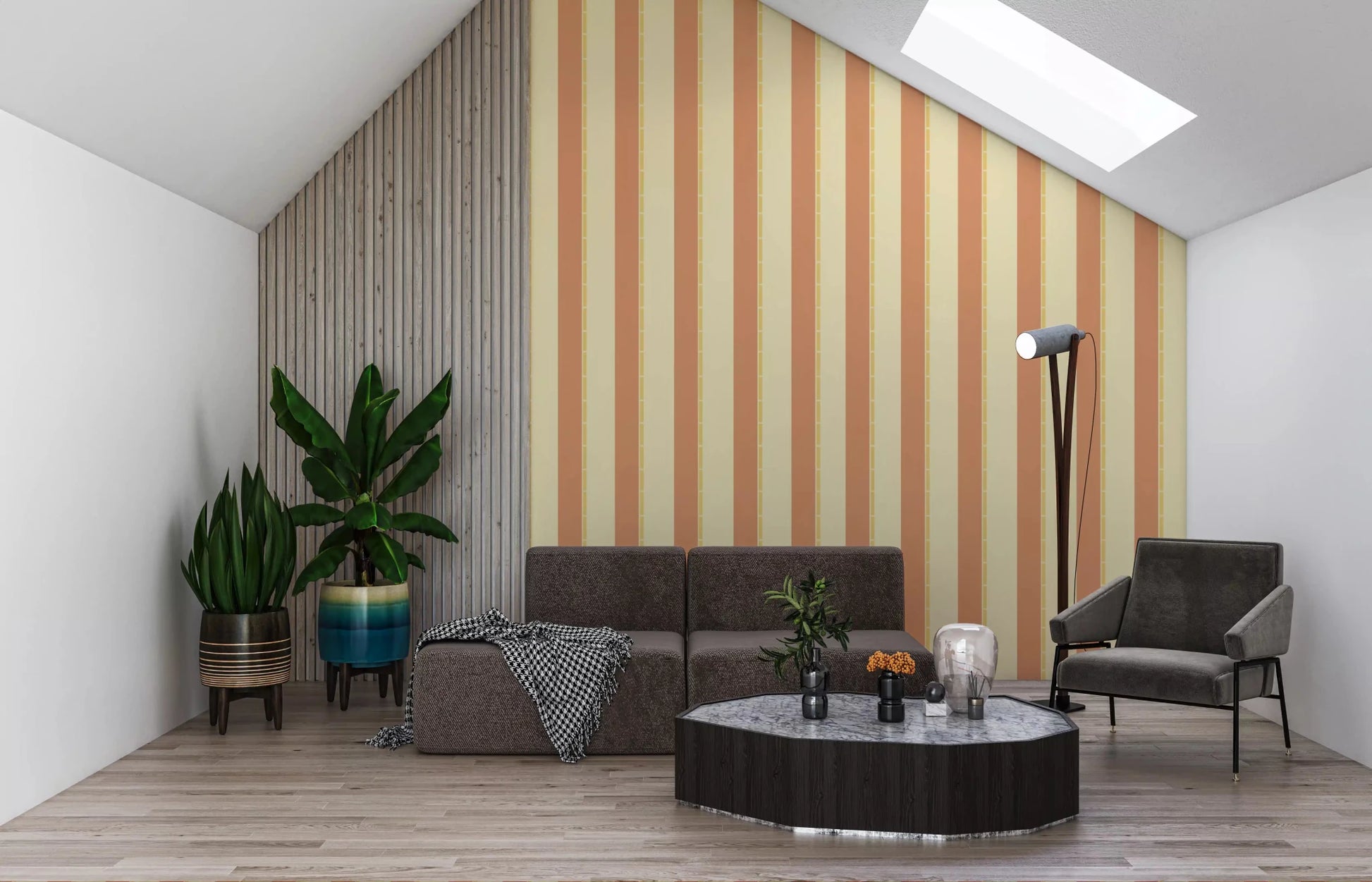 Classic Vertical Stripes Wallpaper fitted in a loft lounge with angled ceiling lines