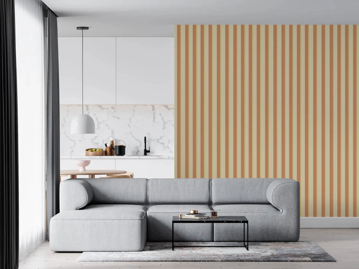 Gray living room featuring Classic Vertical Stripes Wallpaper on a warm accent wall