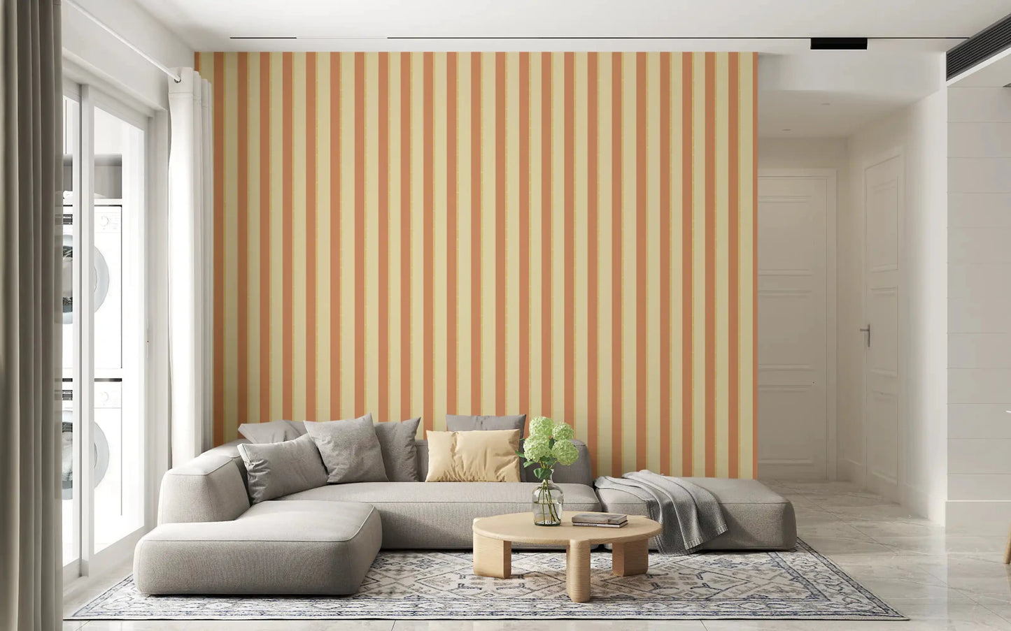 Classic Vertical Stripes Wallpaper adding warmth to a calm beige living room
