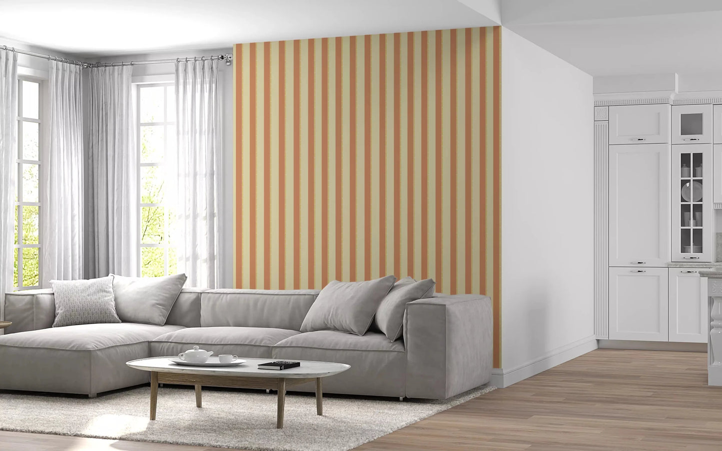 Bright Living styled with Classic Vertical Stripes Wallpaper and clean stripe detail
