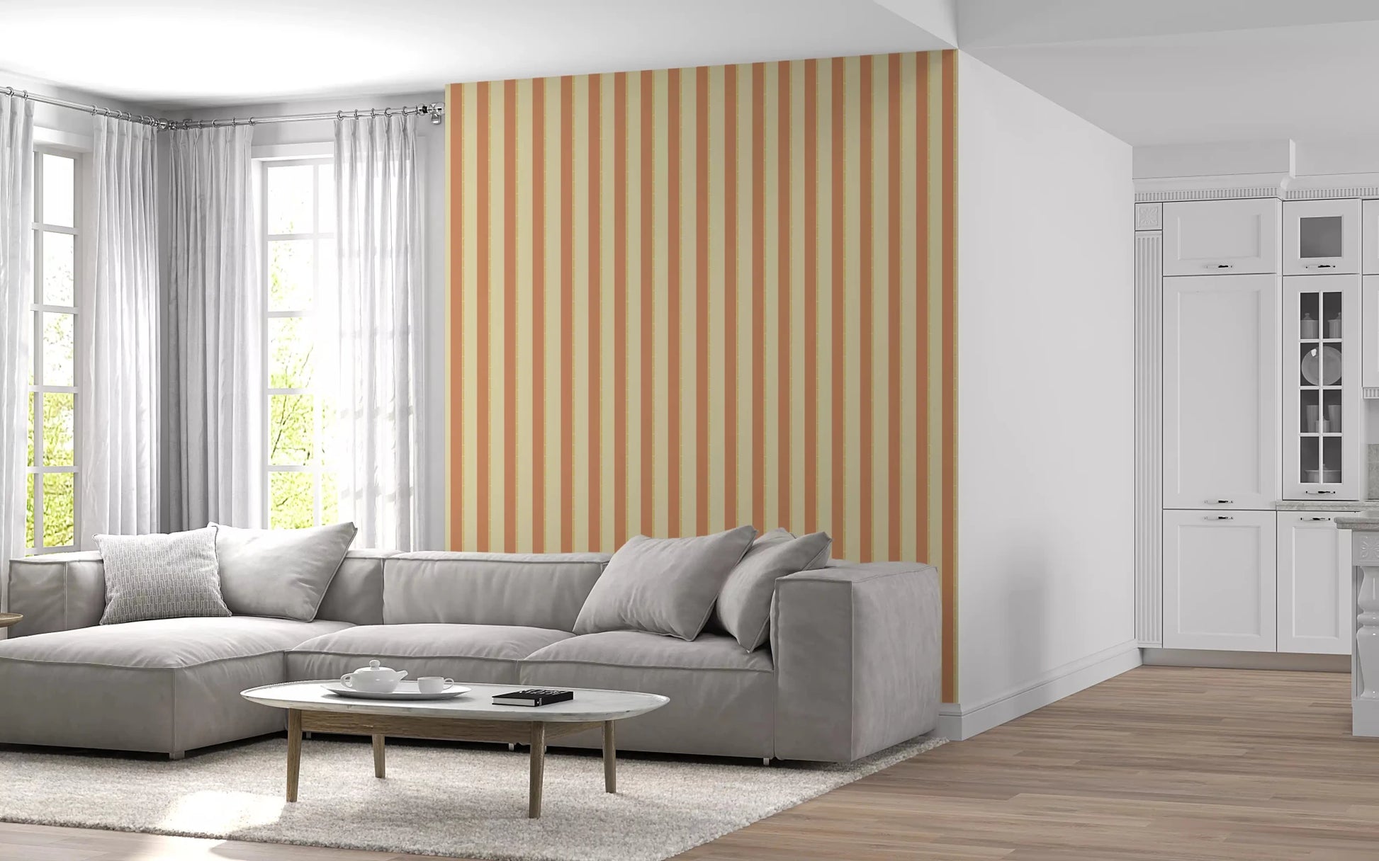 Bright Living styled with Classic Vertical Stripes Wallpaper and clean stripe detail