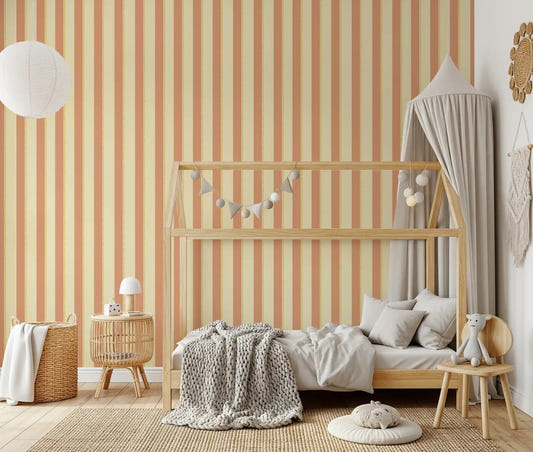Classic Vertical Stripes Wallpaper styled in a Kids room with soft peach stripe panels