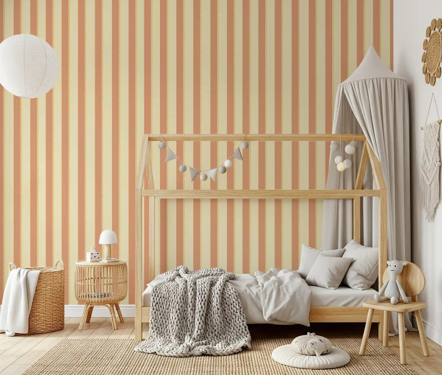 Classic Vertical Stripes Wallpaper styled in a Kids room with soft peach stripe panels
