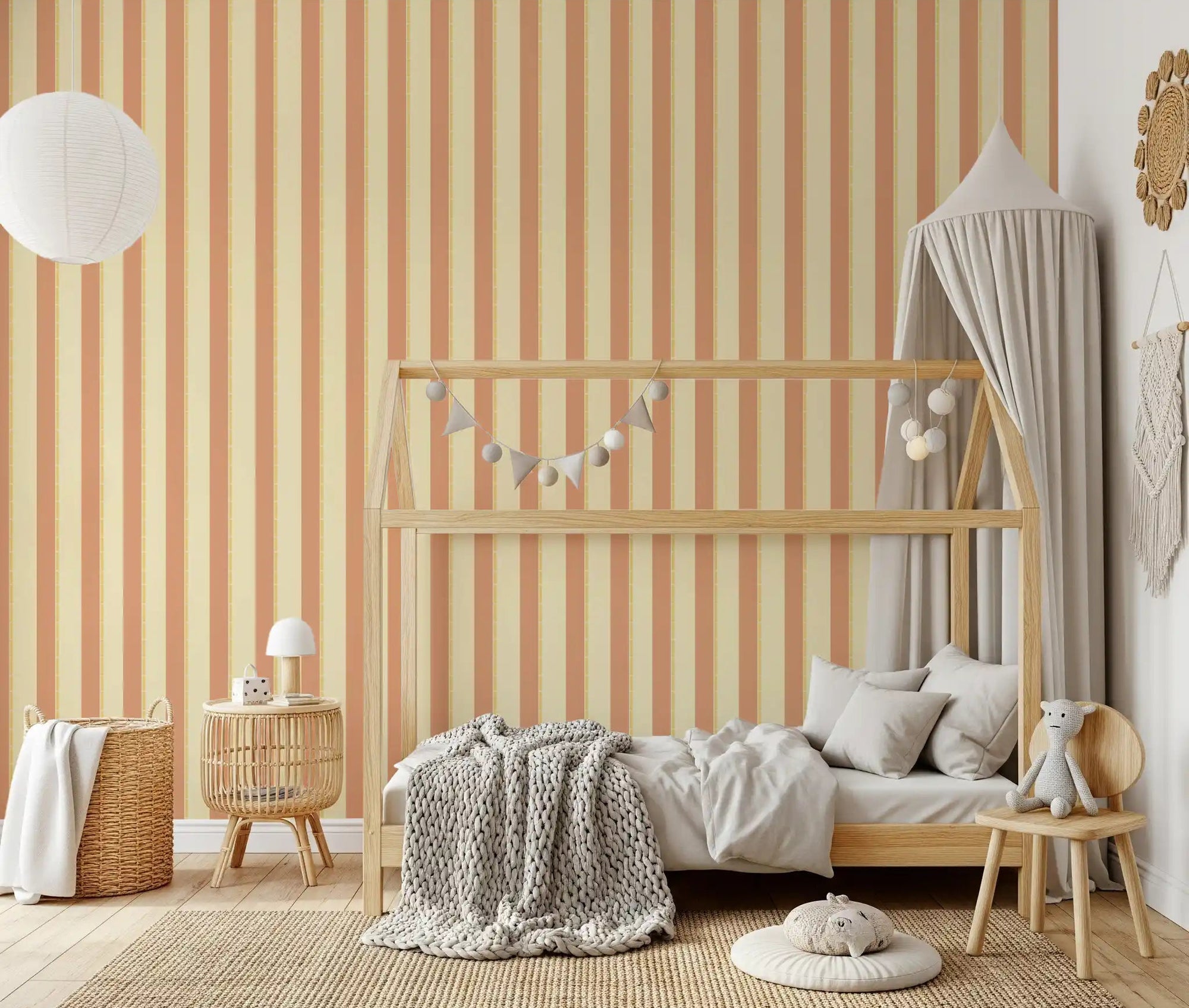 Classic Vertical Stripes Wallpaper styled in a Kids room with soft peach stripe panels, GD8899