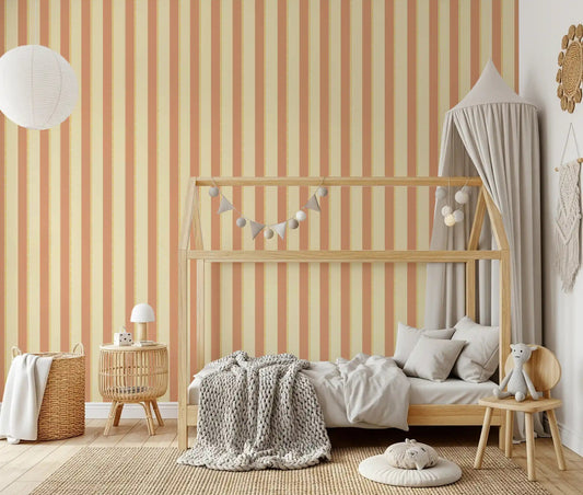 Classic Vertical Stripes Wallpaper styled in a Kids room with soft peach stripe panels