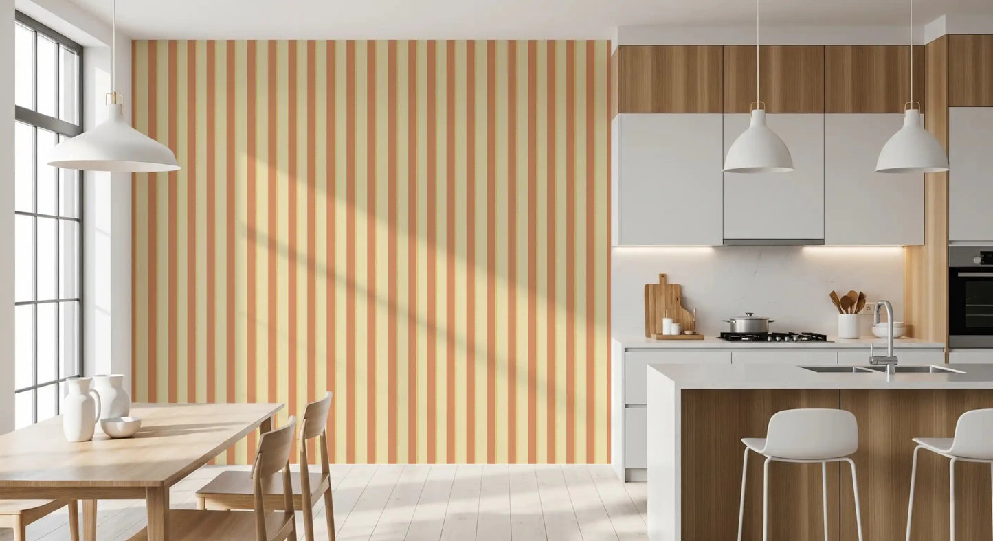 Open kitchen nook finished with Classic Vertical Stripes Wallpaper in peach tones