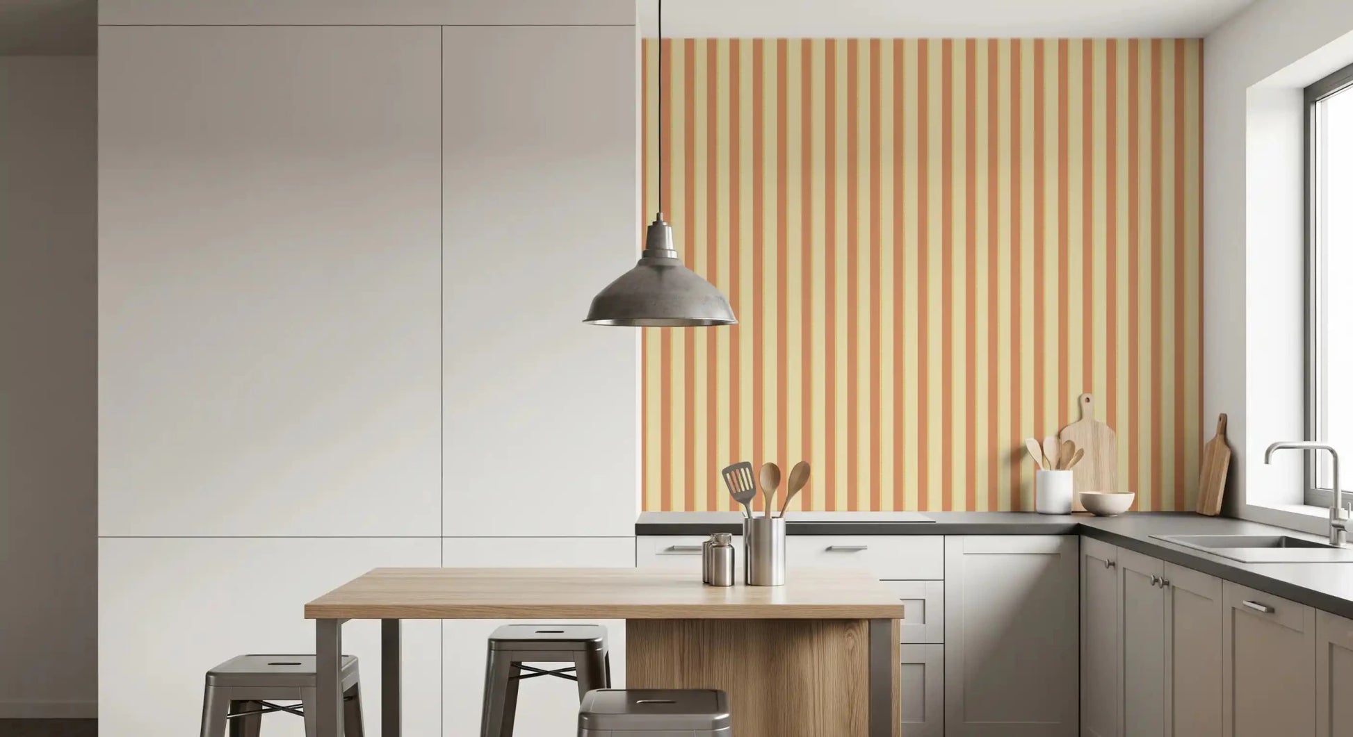 Cozy kitchen corner showing Classic Vertical Stripes Wallpaper in slim stripe repeat