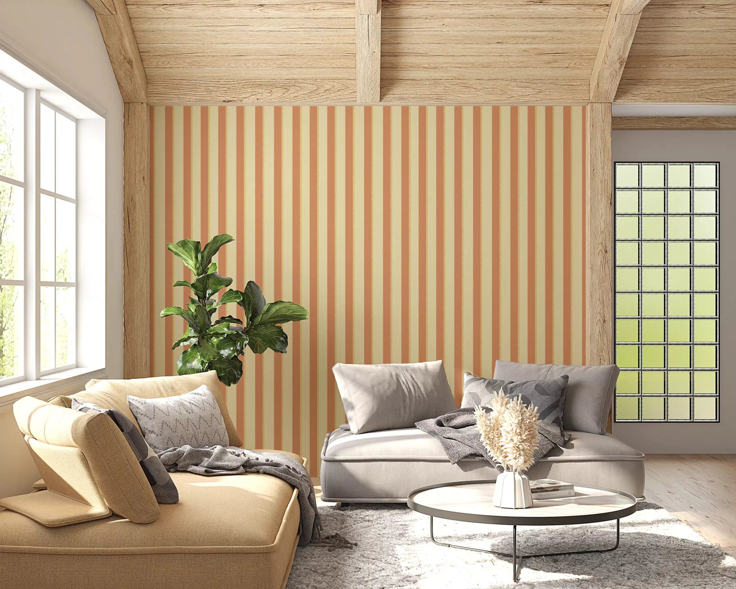 Sunlit sitting area framed by Classic Vertical Stripes Wallpaper and soft vertical bands