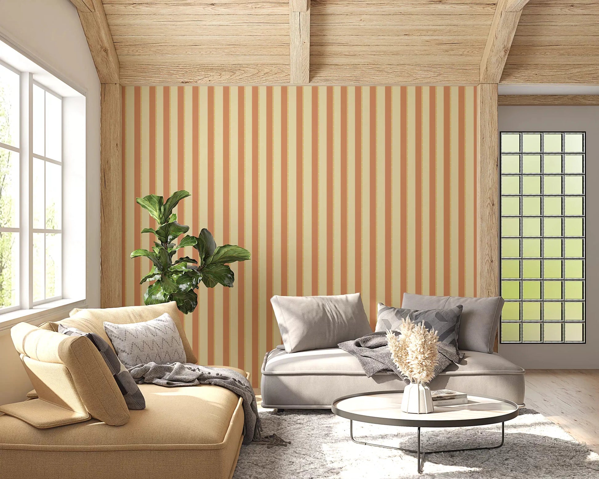Sunlit sitting area framed by Classic Vertical Stripes Wallpaper and soft vertical bands