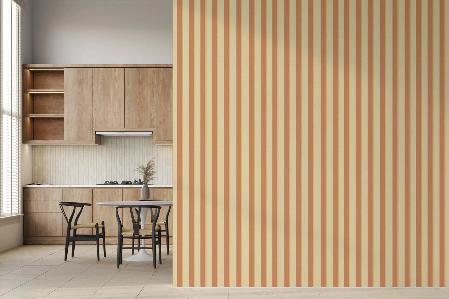 Dining space enhanced with Classic Vertical Stripes Wallpaper in peach and cream