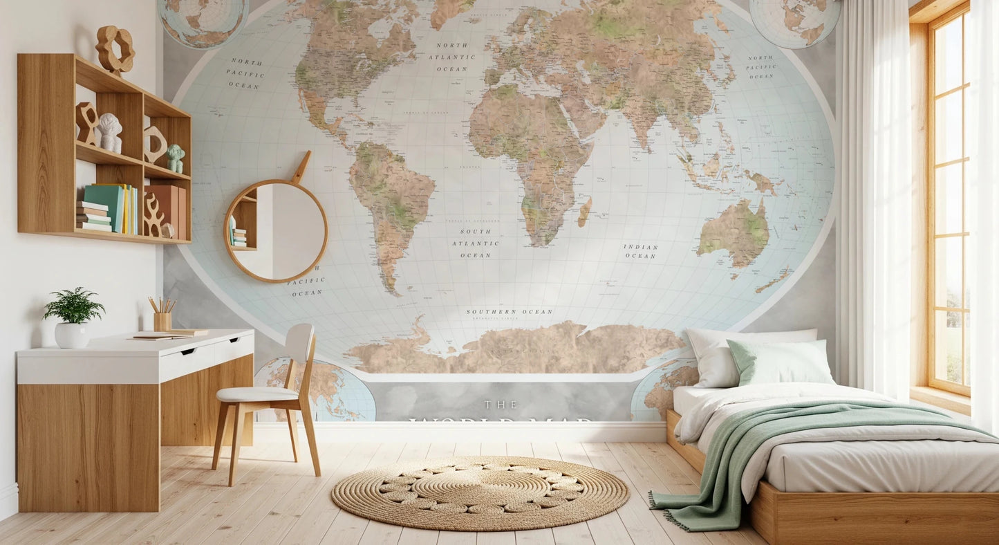 Kids room wall with Classic World Map in Blue and Earthy Tones wall mural