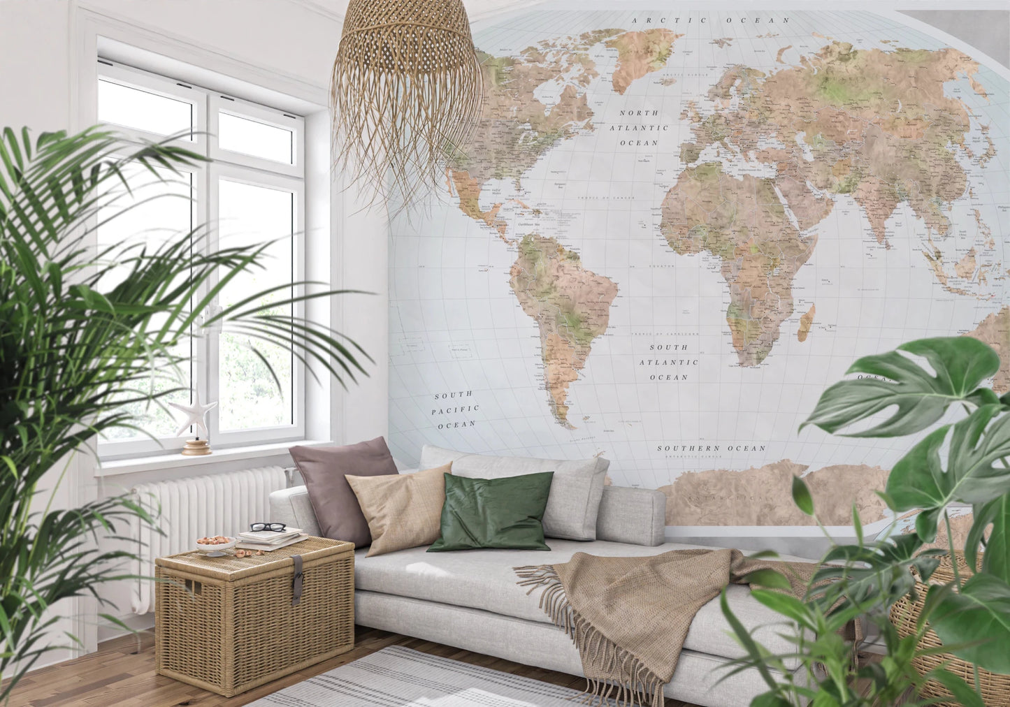 Educational Classic World Map in Blue and Earthy Tones wall mural display