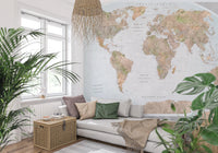 Educational Classic World Map in Blue and Earthy Tones wall mural display