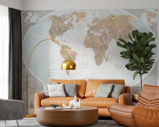 Office area with Classic World Map in Blue and Earthy Tones wall mural